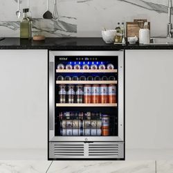 Tittla 24'' Beverage Refrigerator Cooler,180 Cans,Built in,37°-65°F, Low Noise Energy Saving for Beer and Soda or Fruit, Silver