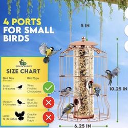 Squirrel Proof Outdoor Hanging Bird Feeder (Metallic Rose Gold) Bird Feeder with 4 Ports, Bite Resistant, Weatherproof, Backyard