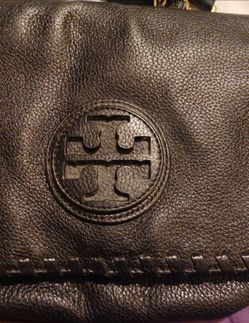Tory Burch Black Marion Foldover Leather Crossbody Bag W/ Woven Gold Chain Strap