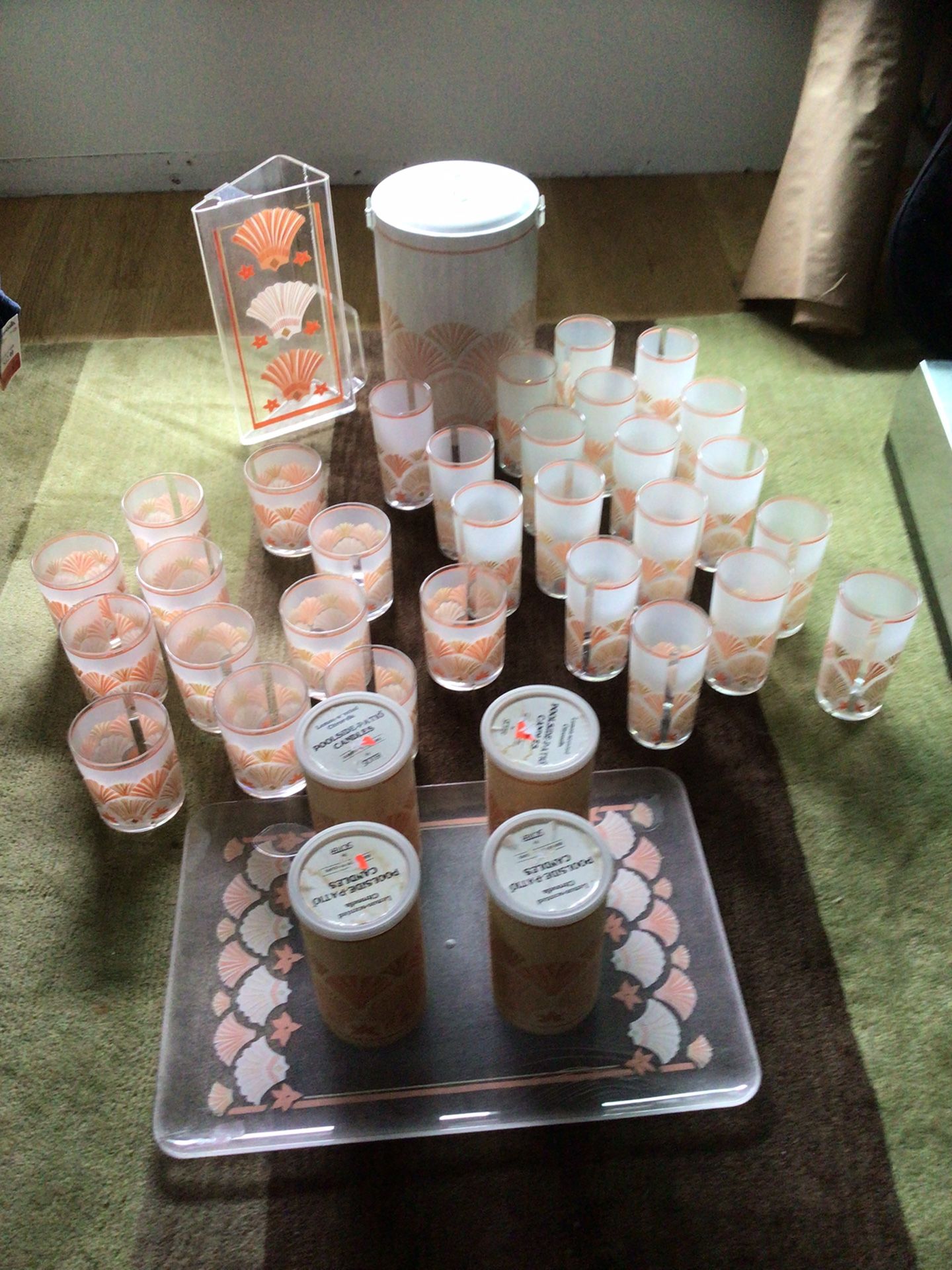 Vintage Mid Century Modern MCM H.J. Stotter Plastic Cups, Candles, Ice Bucket Pitcher