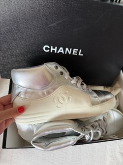 CHANEL High Top White Silver Leather Sneakers