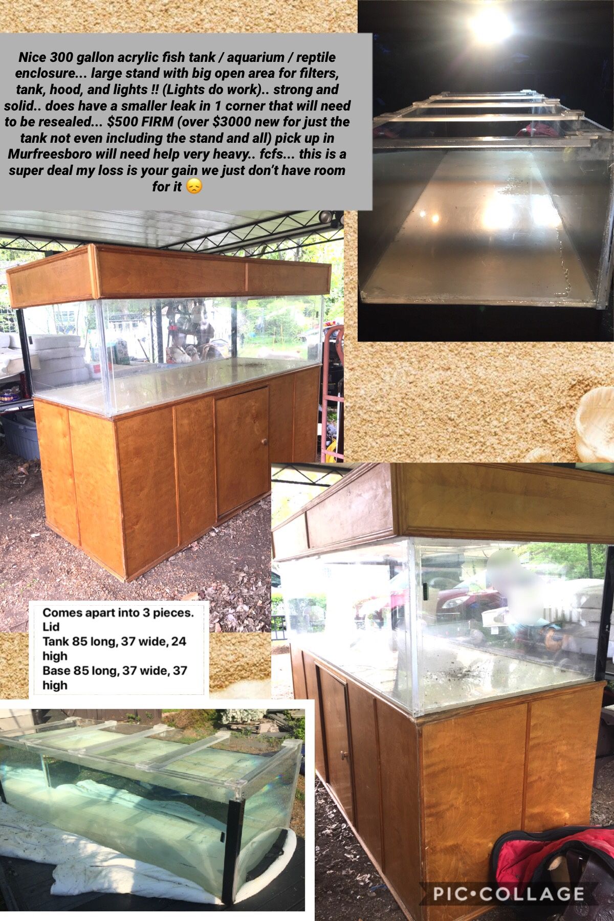 Nice 300 gallon acrylic fish tank / aquarium / reptile enclosure... large stand with big open area for filters, tank, hood, and lights !! (Lights do