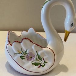 Vintage ceramic hand painted Swan  made in Portugal. Signed. Trinket /faux plant holder. 7 x 6 “