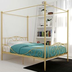 Full size Heavy Duty Metal Canopy Bed Frame in Gold Finish