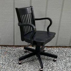 Vintage Solid Wood Black Lacquer Swivel Rolling Lawyer Library Bankers Chair