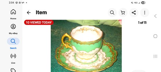 Antique Elite Limoges France Teacup & Saucer Set — Raised Gold Paste & Seafoam Green