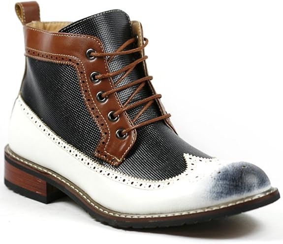 ($100+ New) Ferro Aldo Men's Distressed Semi-Brogue Wing Tip Tall Ankle Dress Boots, White