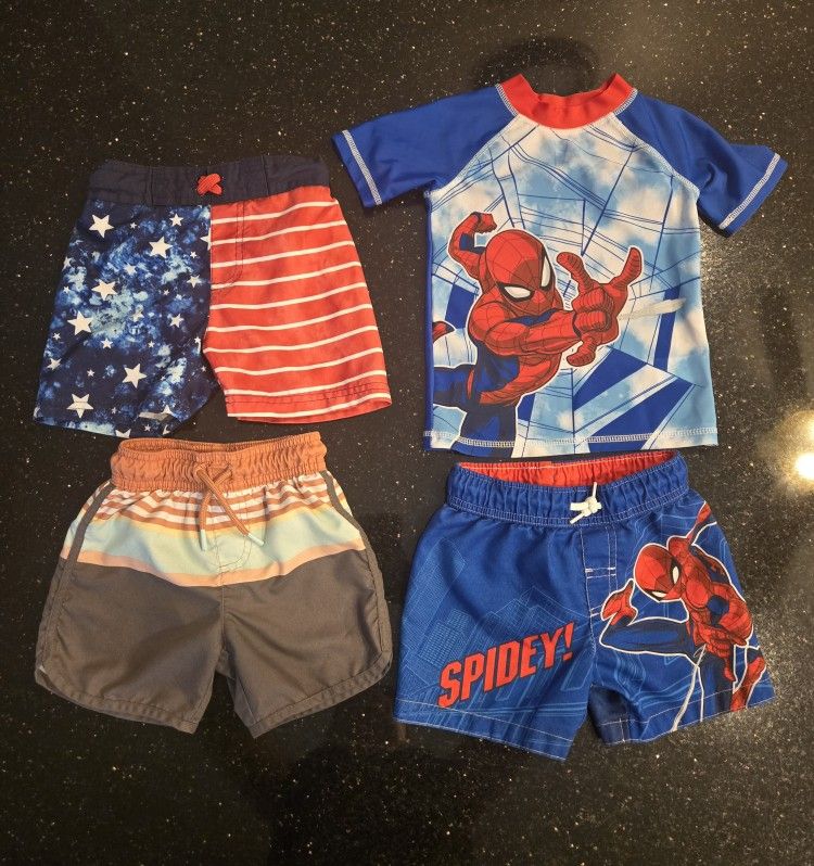 Boys Size 2T Toddler Kids Swim Shorts Trunks Spiderman 2 Piece Set USA American Flag Print & Stripes