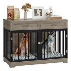 Dog Crate Furniture with 2 Drawers, 47.2 in Wooden Indoor Dog Cage Table with Divider,Gray