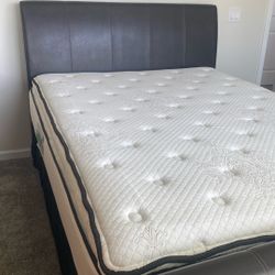 🛏️ Queen Faux Leather Bed Frame with Plush Mattress – Excellent Condition!$250