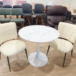 Round Dining Table Set，31.5" Circle Tulip Table with Thickened Tabletop & Metal Pedestal, and Dining Chairs Set of 2, Modern Kitchen Chairs with Uphol