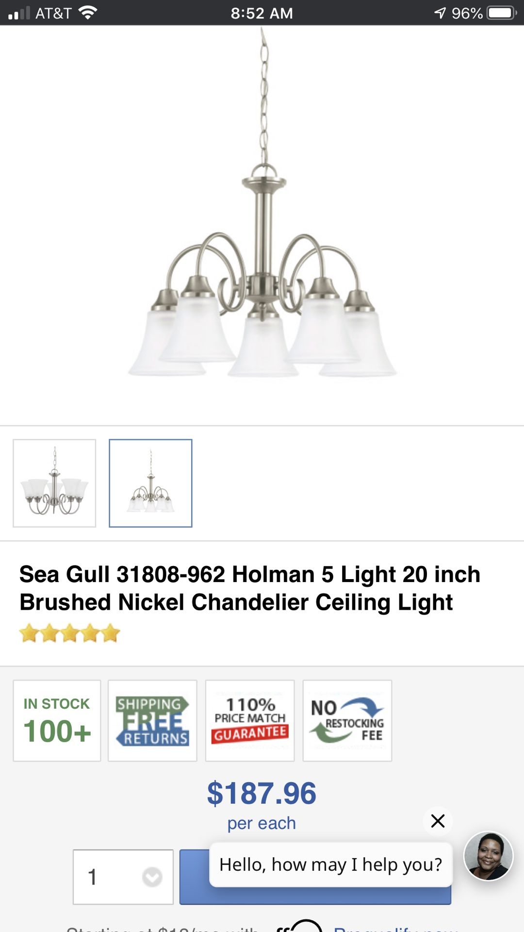 Sea Gull 31808-962 Holman 5 Light 20 inch Brushed Nickel Chandelier Ceiling Light