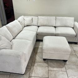 New Corduroy Sectional.  Beige, Grey Or Green.  99” X 99”.  Free Delivery!