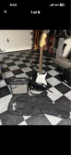 Fender squire affinity series, electric guitar with gig bag, stand, and amp