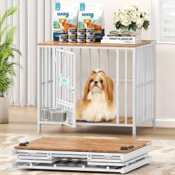 27" Dog Crate Furniture Foldable, No Assembly Decorative Dog Kennel Indoor, Dog Crates for Small Dogs (Under 20 lb), Wooden Dog Cage with Bowls and Na