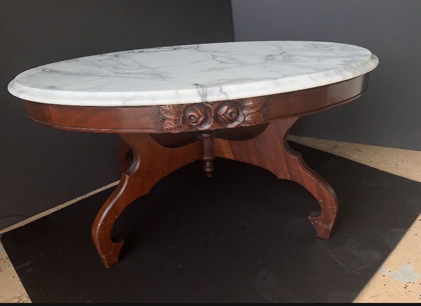 1950s Oval Carved Dark Wood  Coffee Table  With Italian Marble Top 