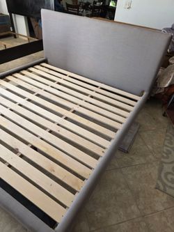 King size ;Gray Upholstered Bed Frame with Slatted Base
