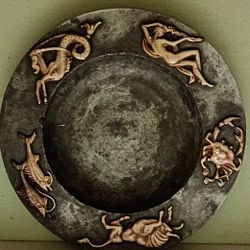 Antique Pewter Dish With Brass Zodiac Symbols