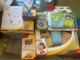 Pokémon 30th Celebration elite trainer box, tech sticker, poster collection, knockout cards