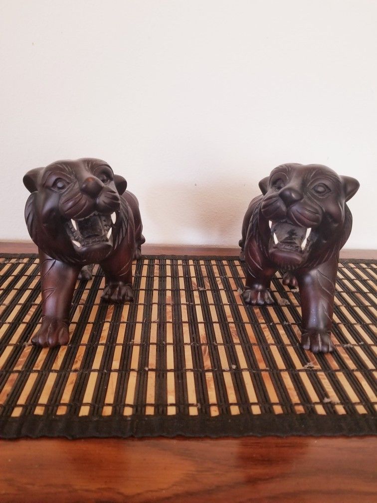 2 Vintage Hand Carved Solid wood Tiger Sculpture