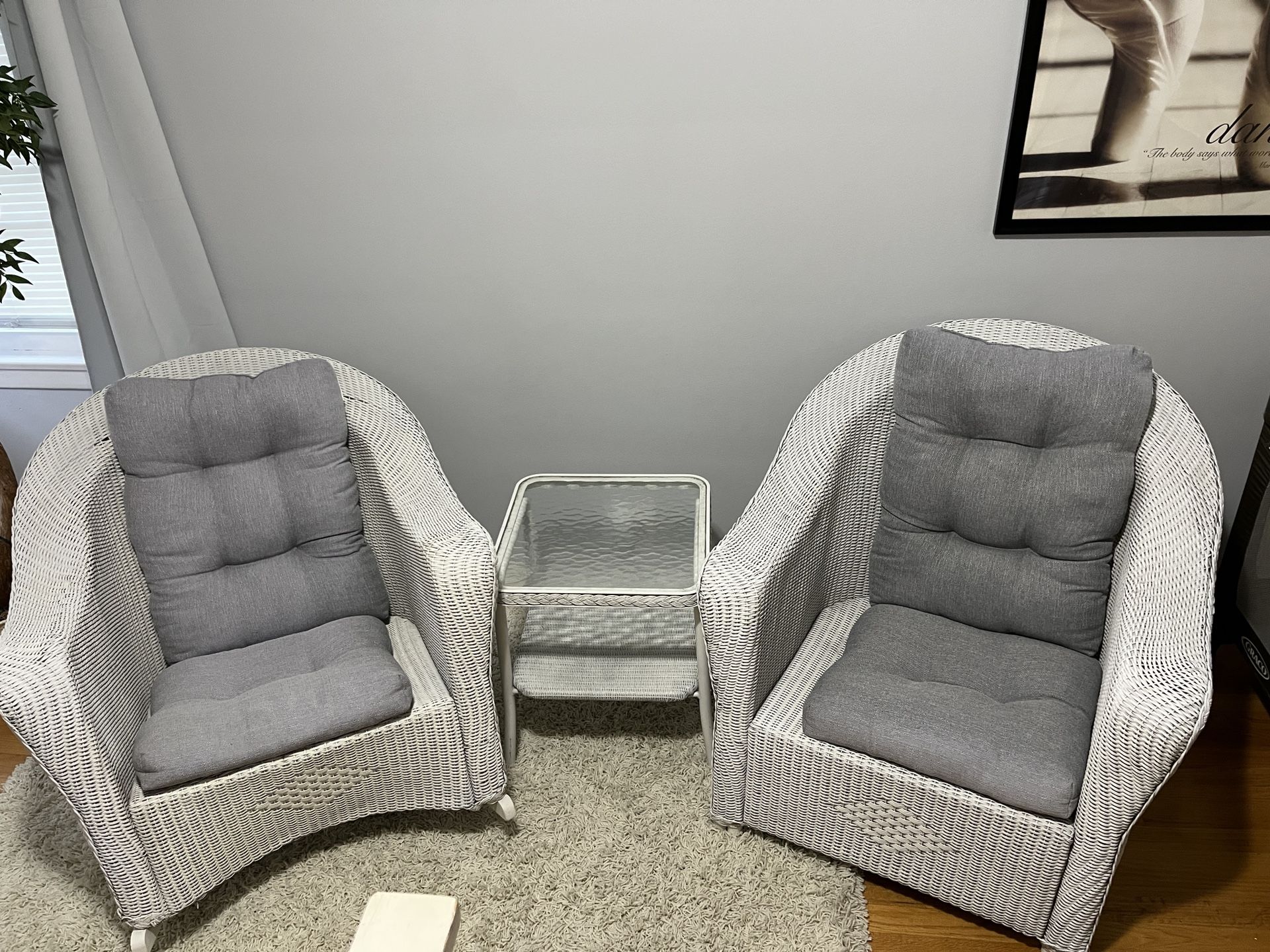 White Wicker 2 Chairs And Table Set