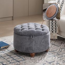 24Inch Round Storage Ottoman with Tray, Modern Tufted Circle Coffee Table with Storage, Upholstered Ottoman with Removable Top for Living Room, Bedroo