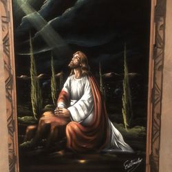 Painting on Velvet of Jesus in the Garden-vintage