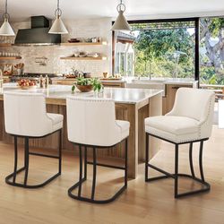 Aurora 26 in. Ivory Faux Leather Upholstered Counter Height Bar Stool with Metal Cushion Counter Stool Set of 3