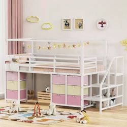 Y299-Low Loft Bed Twin Size with 9 Storage Drawers, Twin Loft Bed with Stairs,Bedside Storage, Metal Twin Loft Bed for Kids with 11.8" &22.5" H Safety
