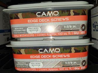 2 CAMO Edge Deck Screws (Model #0345228S) made of 316 Stainless Steel.Each container holds 350 screws, which are 1-7/8 inches long.