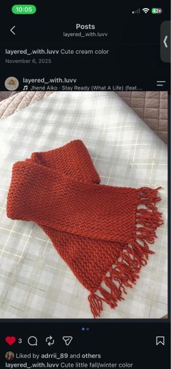Handknit Rust Orange Scarf with Fringe