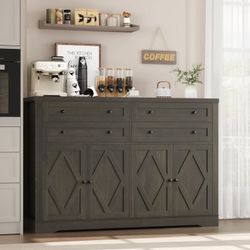 55" Wide Coffee Bar with 2 Adjustable Shelves, Modern Farmhouse Sideboard Buffet with 4 Drawers for Living Room, Dark Brown