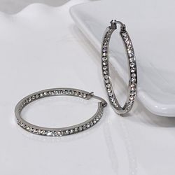 NEW Silver Stainless Steel & Crystal Hoop Earrings PRICE FIRM