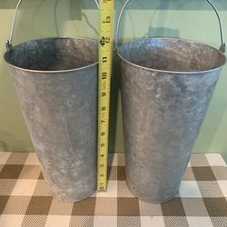 2 Galvanized Buckets W/ Wood Handles, 6 Inch Opening By 11 Inches Tall To The Top Of The Bucket