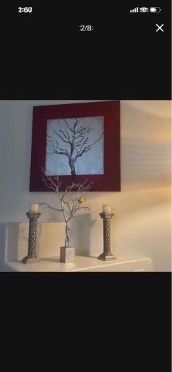 Framed Tree Wall Art deco candle silver holder with Red Wood Frame