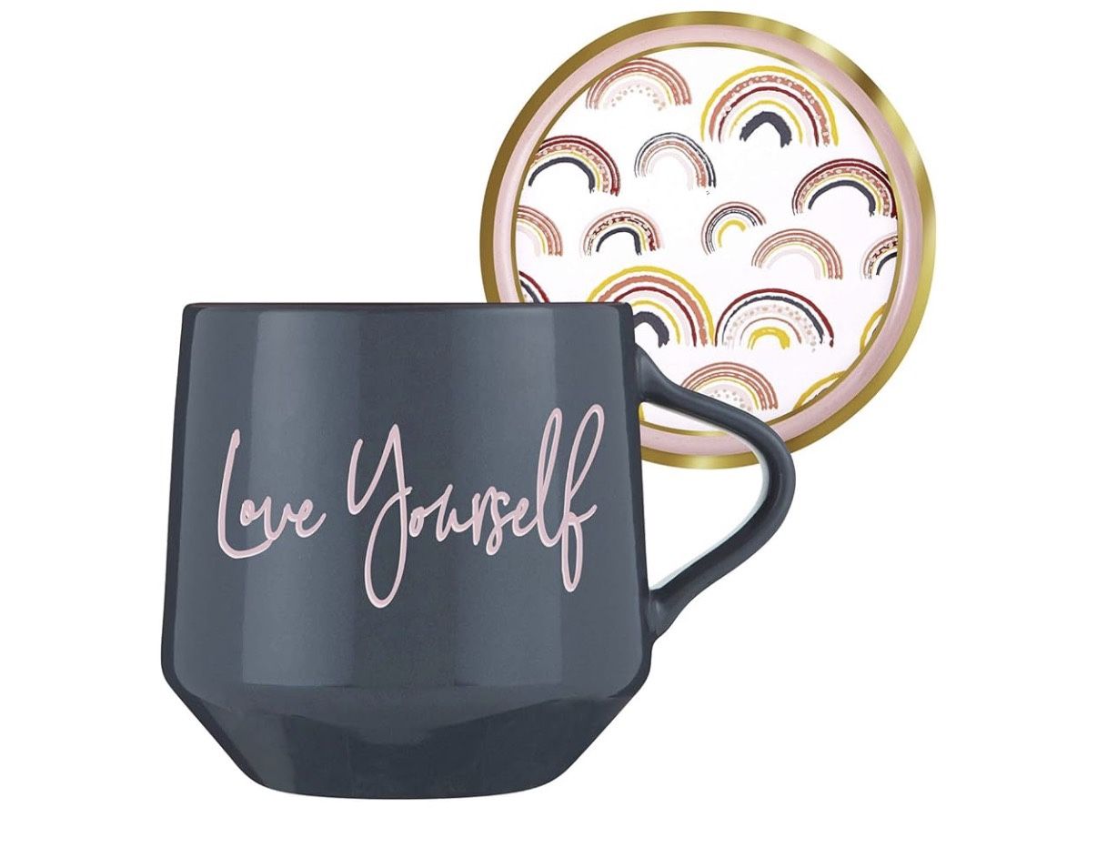 Slant Collections Gray and Pink Ceramic Mug with Coaster “love yourself” 13 oz