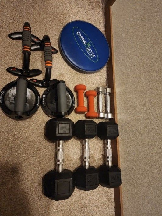 CAP Barbell, 25lb Coated Rubber Hex Dumbbell only one, 20 lb Coated Rubber Hex Dumbell two. All on the pictures cost $100.