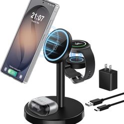 Magnetic Wireless Charger for Samsung, 3 in 1 Super Fast Charging Station Compatible with MagSafe, Phone Charger Stand for Samsung Galaxy S26 Ultra S2