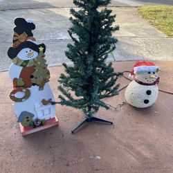 Artificial Christmas Tree, wooden snowman, Snowman With Light 