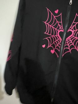 Black Zip-Up Hoodie Pink Spiderweb Heart Print