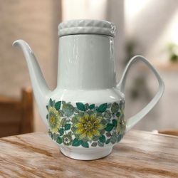 Vintage Pontesa Castilian Ironstone Coffee Pot Spain Green Yellow Floral W/ Lid