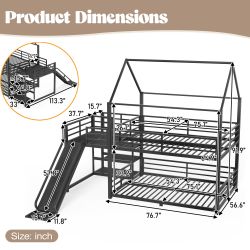 Full Metal House Bunk Bed with Storage Stairs, Slide, Safety Rails, Black