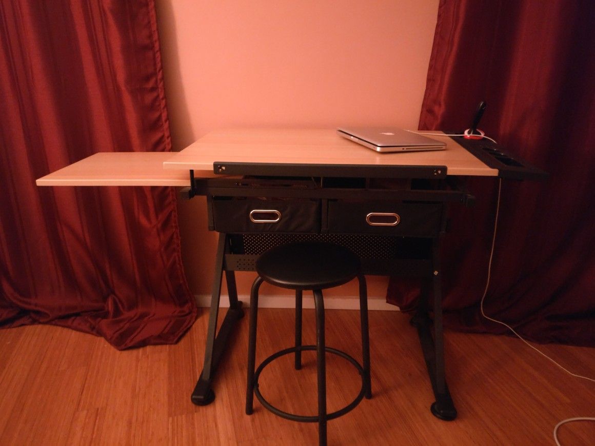 Adjustable Drafting Table with Stool – Artist Drawing Desk with Tilted Tabletop