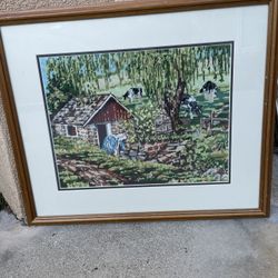 Vintage Framed Needlepoint Country Farmhouse Scene Barn Cows 
