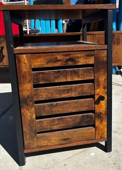Industrial Wood and Metal Side Table with Cabinet. The measurements are in the photos.