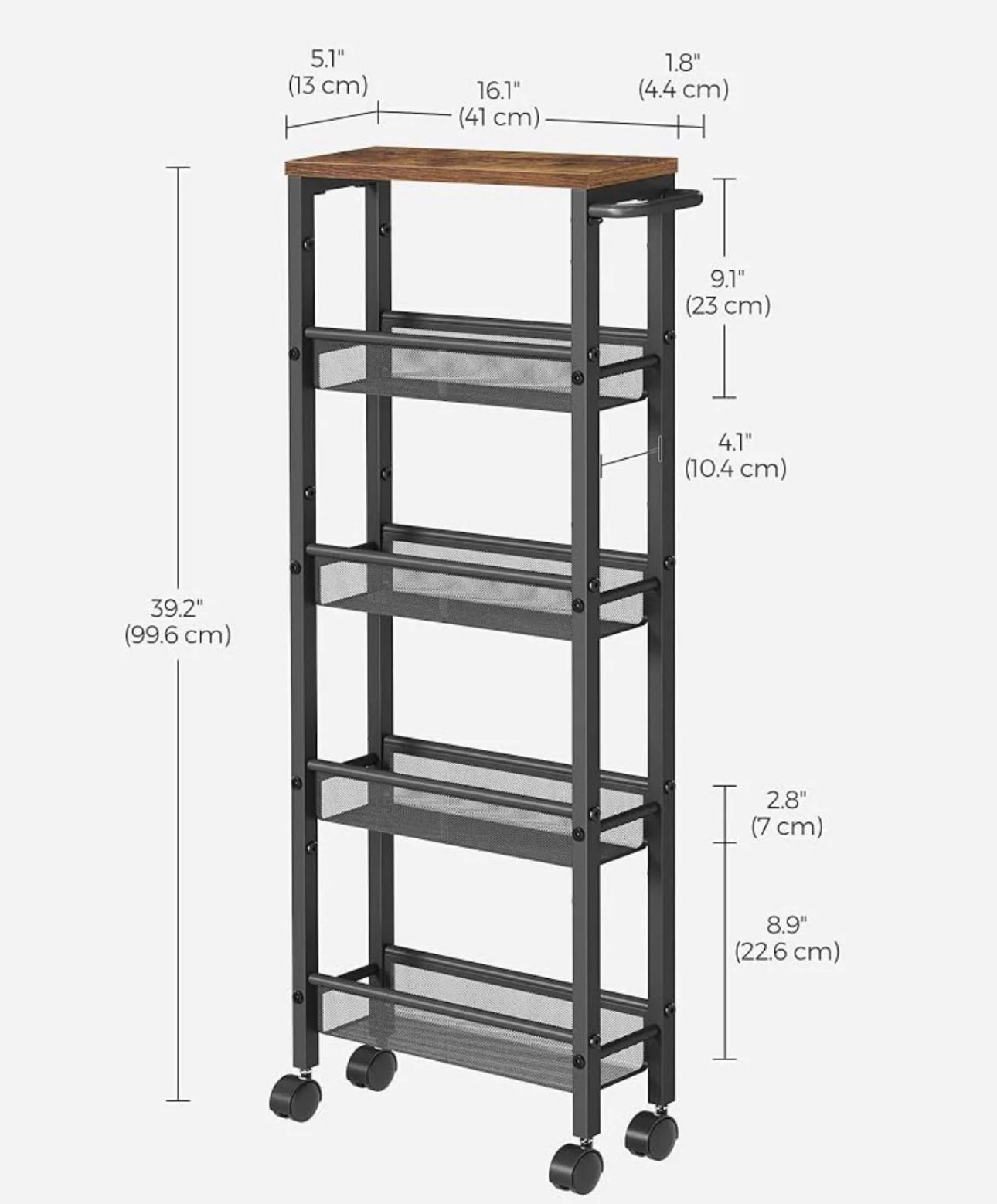 VASAGLE 5-Shelf Trolley Space-Saving Kitchen Cart with Castors