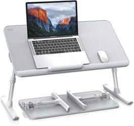 SAIJI Leather Laptop Bed Tray Table, Adjustable Laptop Stand with Removable Stopper, Portable Lap Desks with Foldable Legs (Large, Gray)
