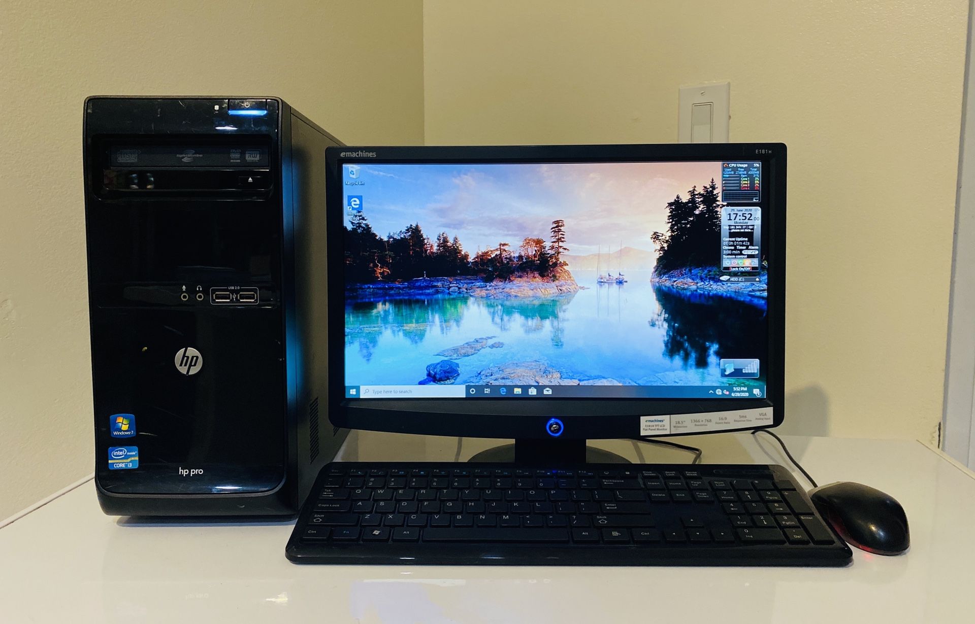 FAST HP Pro Quad Core I3 @ 3,1GHz, Dual Display Desktop Computer. 250GB HDD, 4GB RAM, HD Graphics, DVD RW, 6 USB Port, 19” Monit/Keyb/Mouse, Win10 Pro