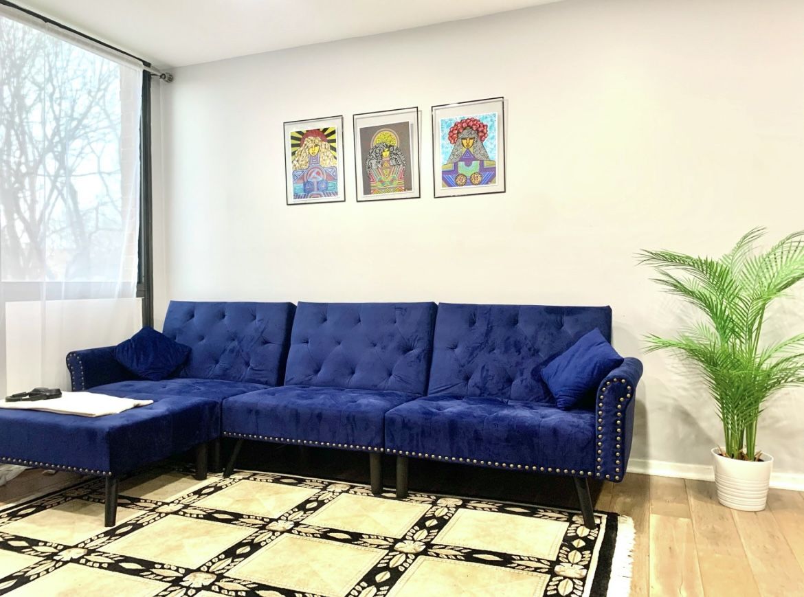 Modern Navy Blue Sectional Sofa Futon