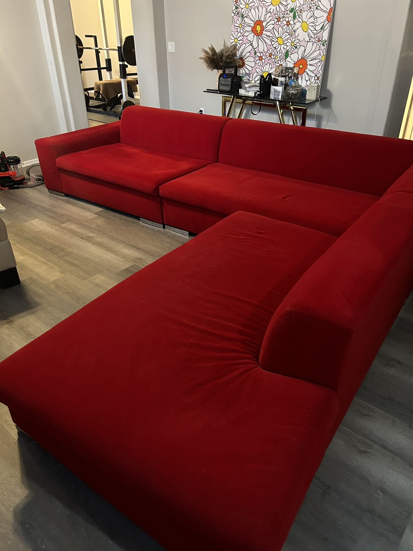 Custom Lazar Red Velvet Sectional – Modern, Modular, Nearly 10ft